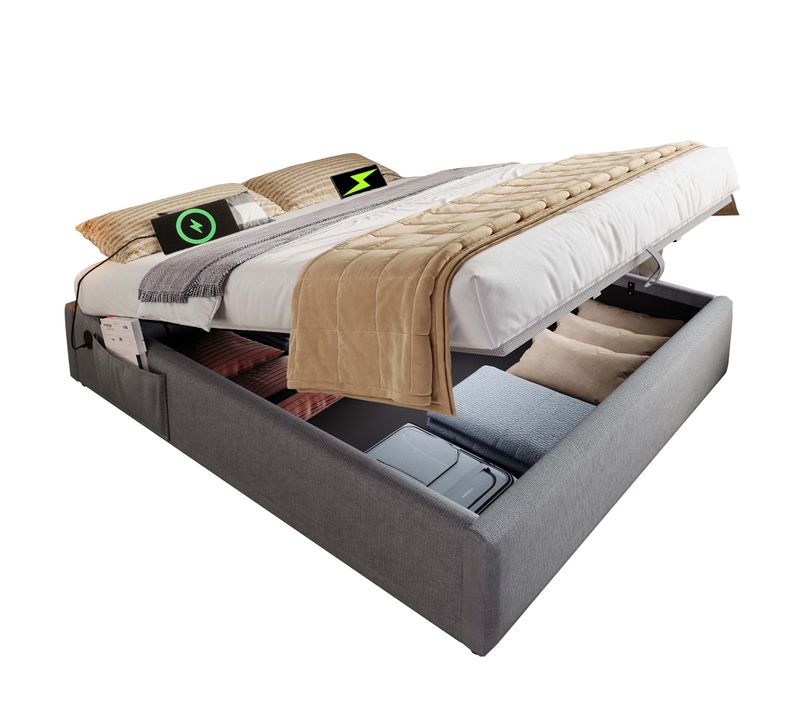 Lit Double 140x200 Cm, Cadre Avec USB-c, Lattenrost Complet, Sans Tête, Coton, Gris