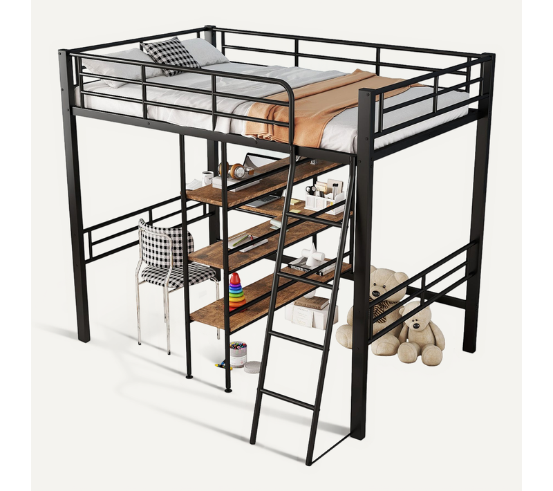 Hochbett 90x200cm, Sans Matelas, Lit Avec Bureau, étagères, Barreaux, échelle, Cadre Métal, Noir