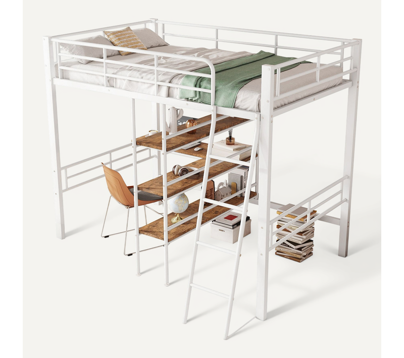 Hochbett 90x200cm, Sans Matelas, Lit Avec Bureau, étagères, Barreaux, échelle, Cadre Métal, Blanc