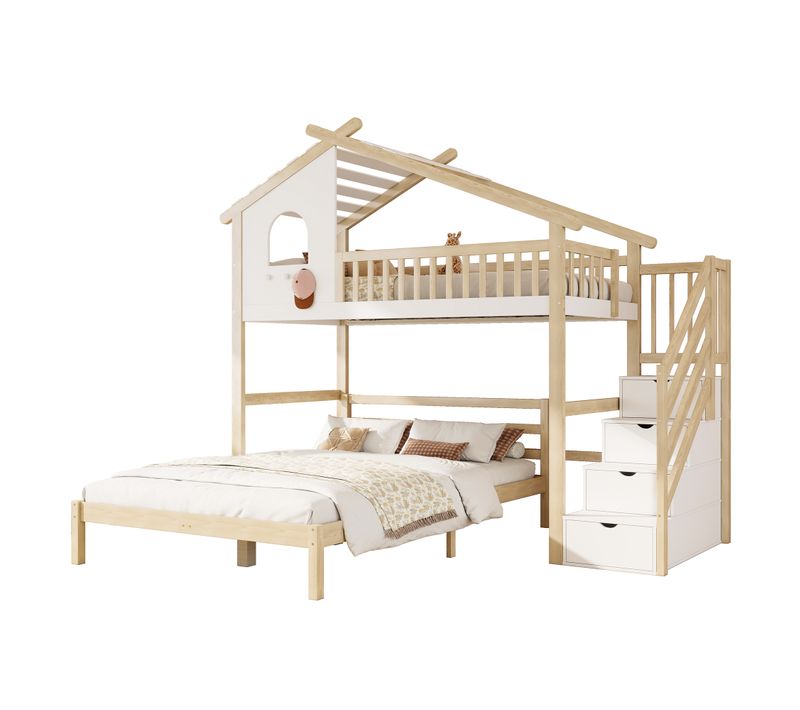 Hochbett 90x200cm, Barrière De Sécurité, Échelle De Rangement, Fenêtre, Sous-lit 140x200cm, Blanc