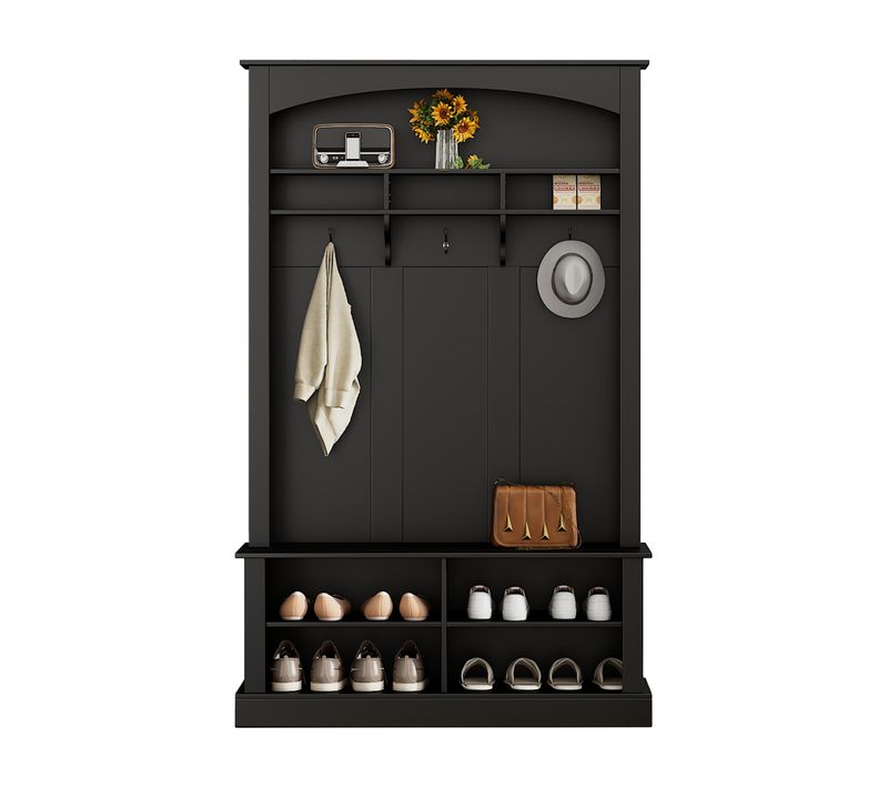 Set De Vestiaire Avec Banc Et Étagère, 3 Crochets Suspendus, Rangement Ouvert, Noir
