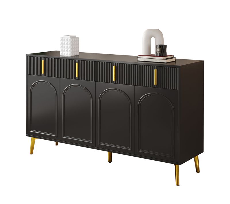 Sideboard Avec Poignées Et Pieds Dorés, 4 Portes, 4 Tiroirs, Lamination Amovible, 140x37,8x82 Cm