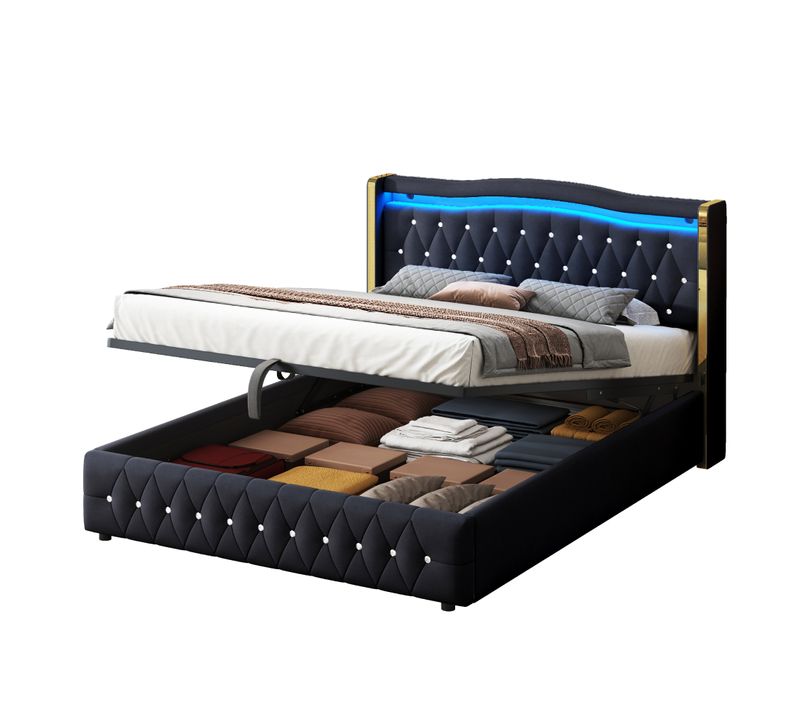 Lit Rembourré 140x200 Cm, Jambes Larges, Éclairage LED, Hydraulique, Velours, Noir