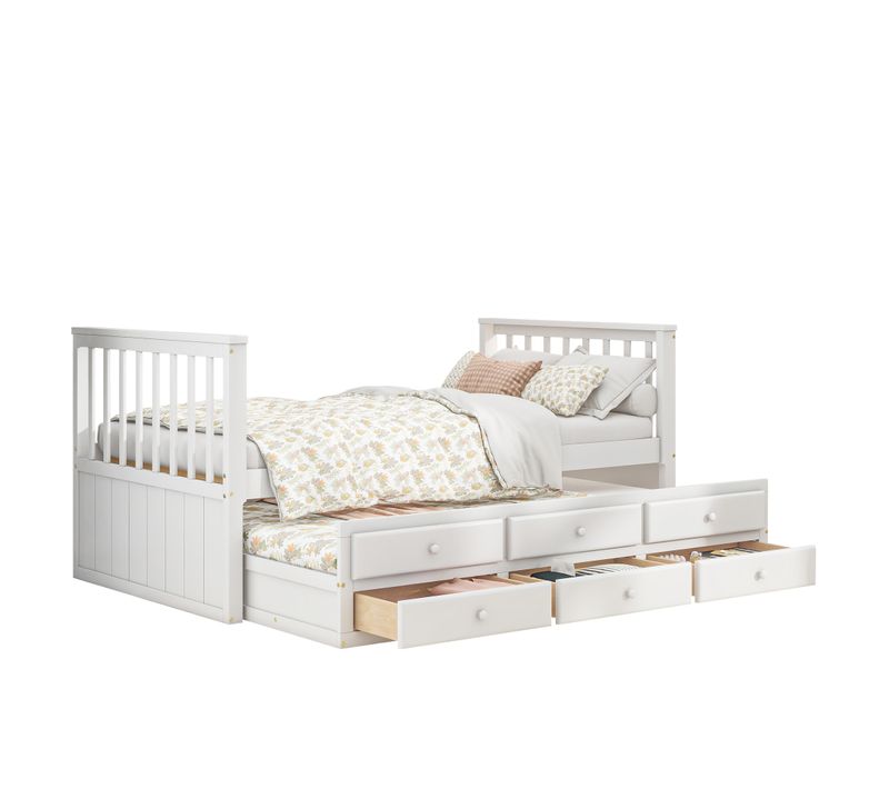 Lit Simple 90 X 200 Cm En Bois Massif Avec Lit Gigogne Et Trois Tiroirs, Blanc