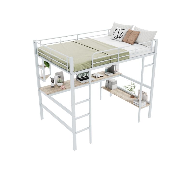 Lit Mezzanine 140x200cm, Cadre En Métal, Avec Bureau, Étagères Petites Et Grande Bibliothèque, Blanc