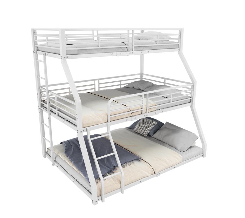 Lit Superposé 90x200cm, 120x200cm Et 140x200cm, Cadre Métallique, Triple Étage, Blanc, Sans Matelas