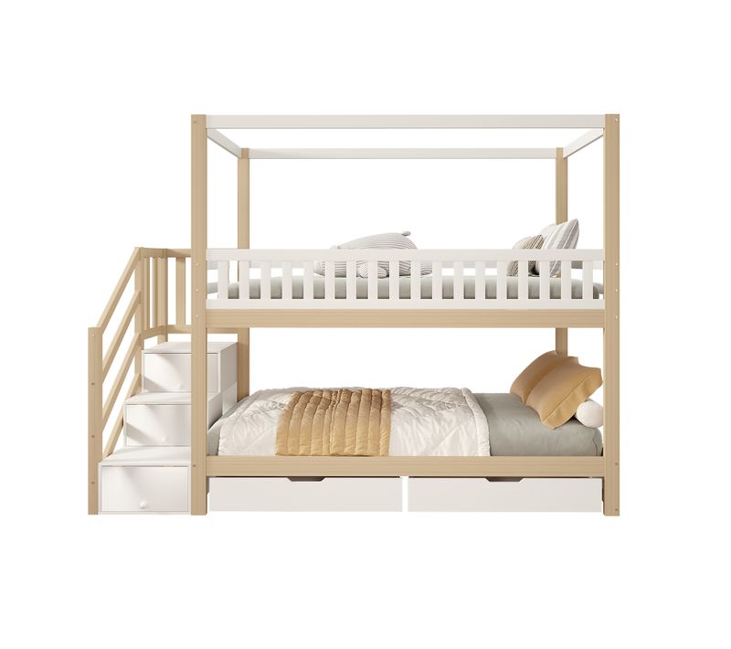 Lit Superposé, Enfant, 90x200cm, Bois Massif, Maison, Garde-fou, Étagères, Blanc+bois