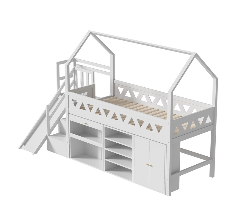 Lit Multifonctionnel 90 X 200 Cm En Bois Massif Avec Toboggan, Escaliers, Tiroirs, Blanc