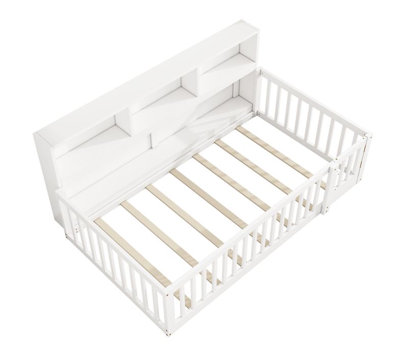 Lit Banquette 90 X 200 Cm En Pin Avec Sommier, Rangement Latéral Et Brise-vue, Blanc
