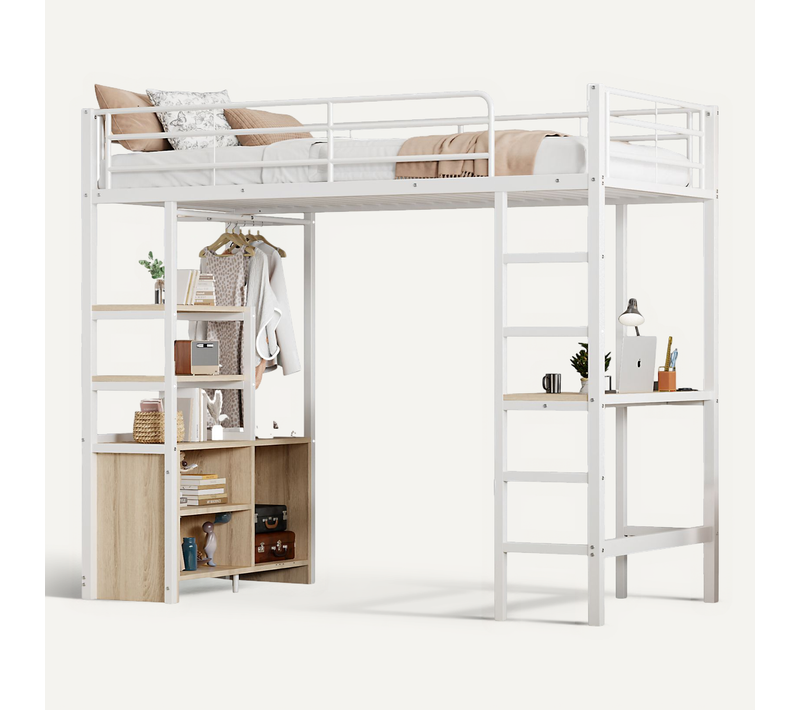 Lit Mezzanine 90x200cm, Sans Matelas, Avec Bureau, Prise USB, étagères, Armoire Ouverte, Blanc