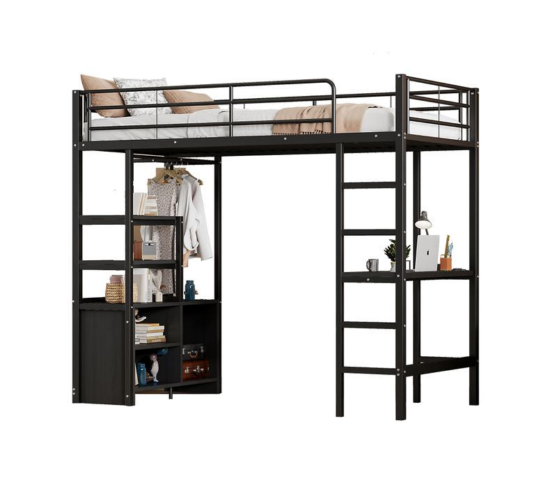 Lit Mezzanine 90x200cm, Sans Matelas, Avec Bureau, Prise USB, Étagères, Armoire Ouverte, Noir