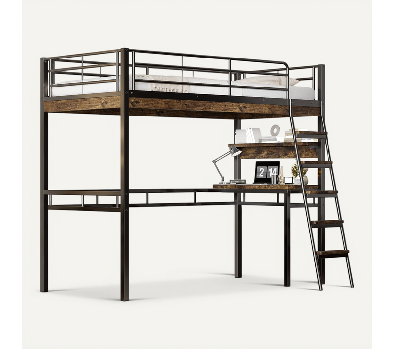 Lit Mezzanine 90x200cm, Sans Matelas, Avec Bureau, étagères, Barreaux, échelle, Cadre Métal, Noir