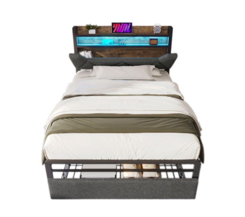 Lit 90x200 Cm - Avec Fonction De Recharge USB Type C Et Éclairage LED, Gris