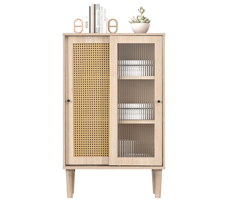 Buffet En Bois De 100 Cm De Haut Avec Rotin En Plastique Et Portes Coulissantes En Verre