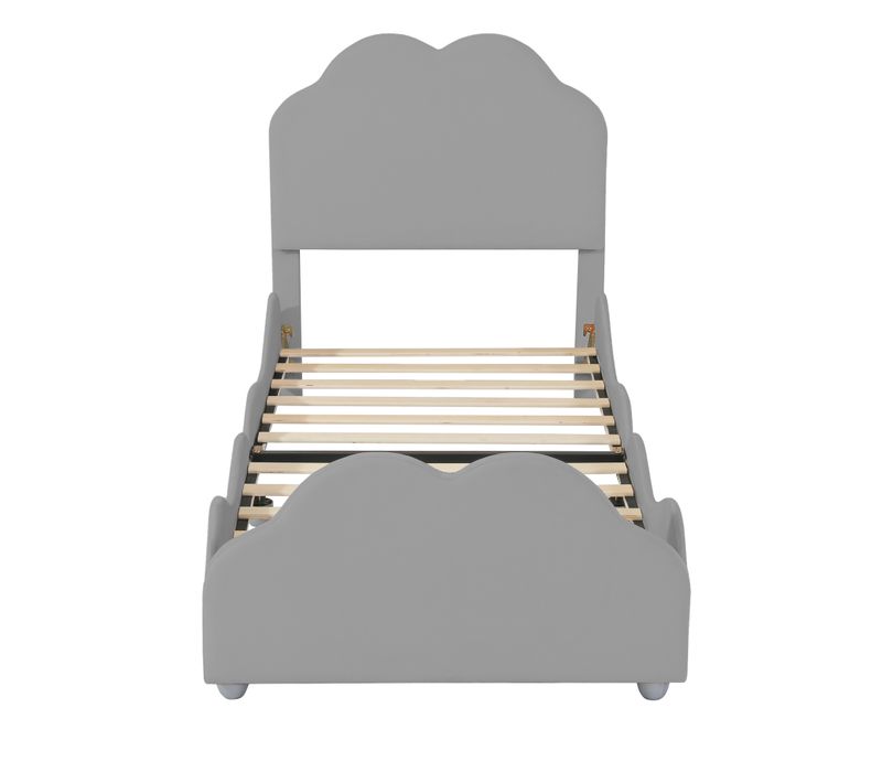 Lit D'enfant Capitonné 90x200 Cm, Avec Tête Et Pied De Lit En Forme De Nuage, Gris, Velours