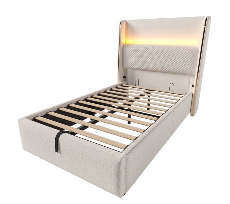 Lit Simple 90x200 Cm Avec LED, Rangement Hydraulique Et Ports USB