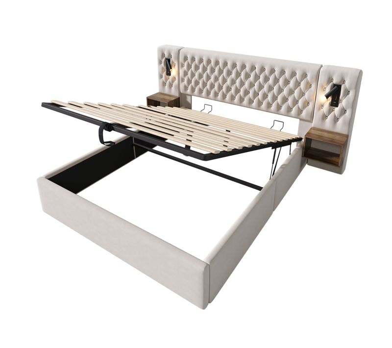 Lit Double 160x200 Cm En Velours Beige Avec Tiroirs Et Tables De Chevet