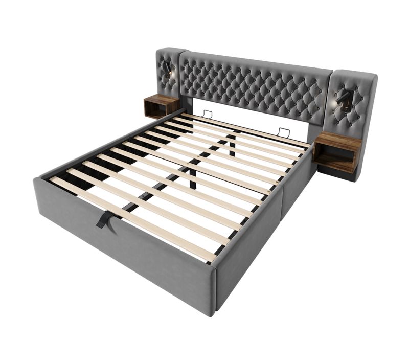 Lit Double 160x200 Cm Gris En Velours Avec Tiroirs Et Tables De Chevet