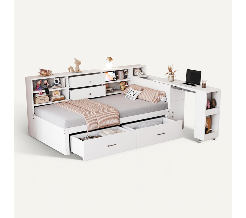 Lit Enfant 90x200 Cm Avec Rangements, Tiroirs Et Bureau Coulissant – Blanc