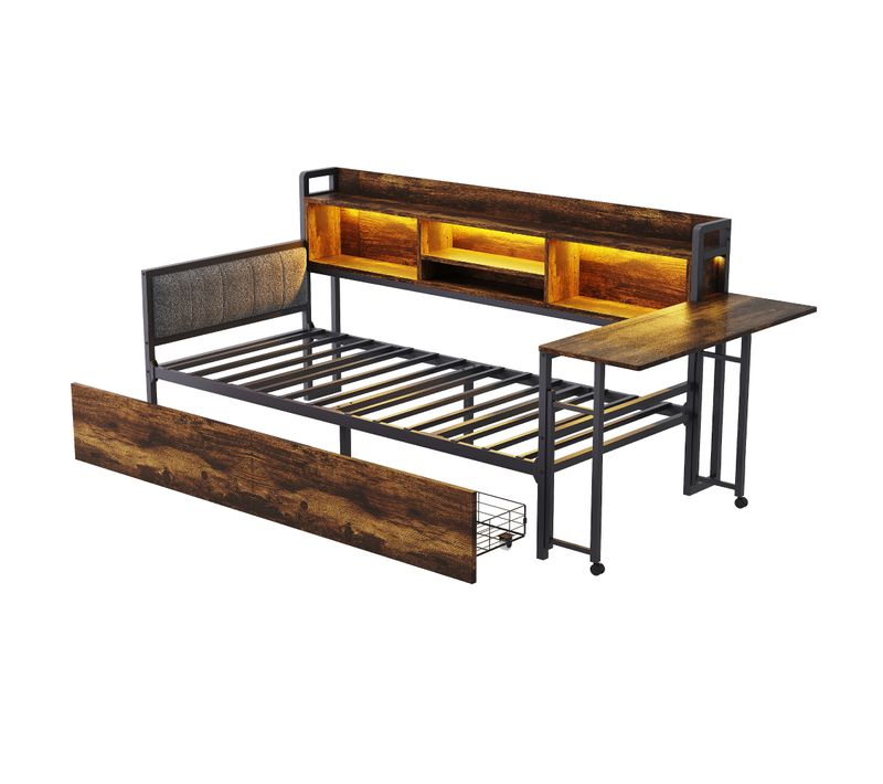 Canapé-lit 90x200 Cm En Métal Avec LED, Bureau Et Rangements Bois