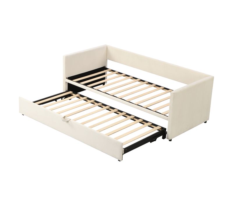 Lit Gigogne, Canapé-lit Convertible 90/180x200 Cm En Velours Avec Sommier Beige