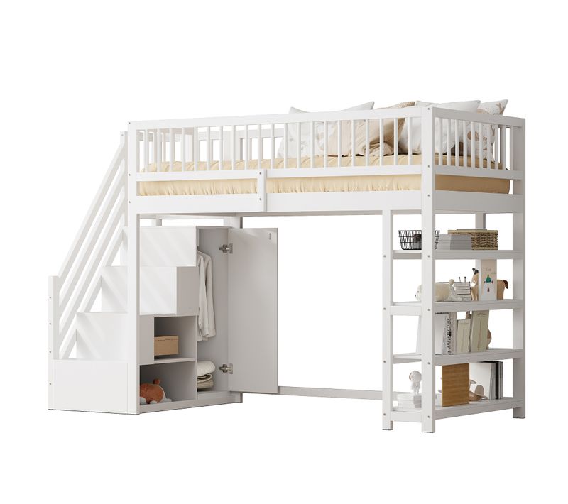 Lit Mezzanine Multifonction 90x200 Cm Blanc Avec Armoire Et Échelle De Sécurité