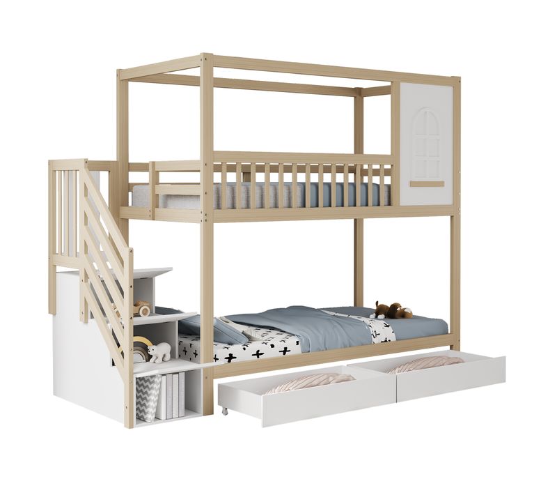 Lit Superposé Enfant 90x200 Cm En Bois Massif Style Maison Avec Tiroirs Et Sécurité