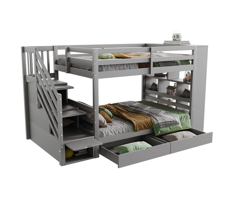 Lit Superposé Enfant 90x200 Cm Avec Escaliers Sécurisés Et Grands Tiroirs Gris