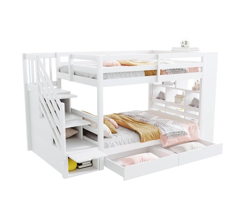 Lit Superposé Modulable Enfant 90x200 Cm Avec Escaliers Sécurisés Et Rangements Blancs