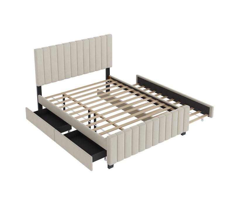 Lit Double 140x190 Cm Avec Lit Gigogne Et Tiroirs En Velours Beige