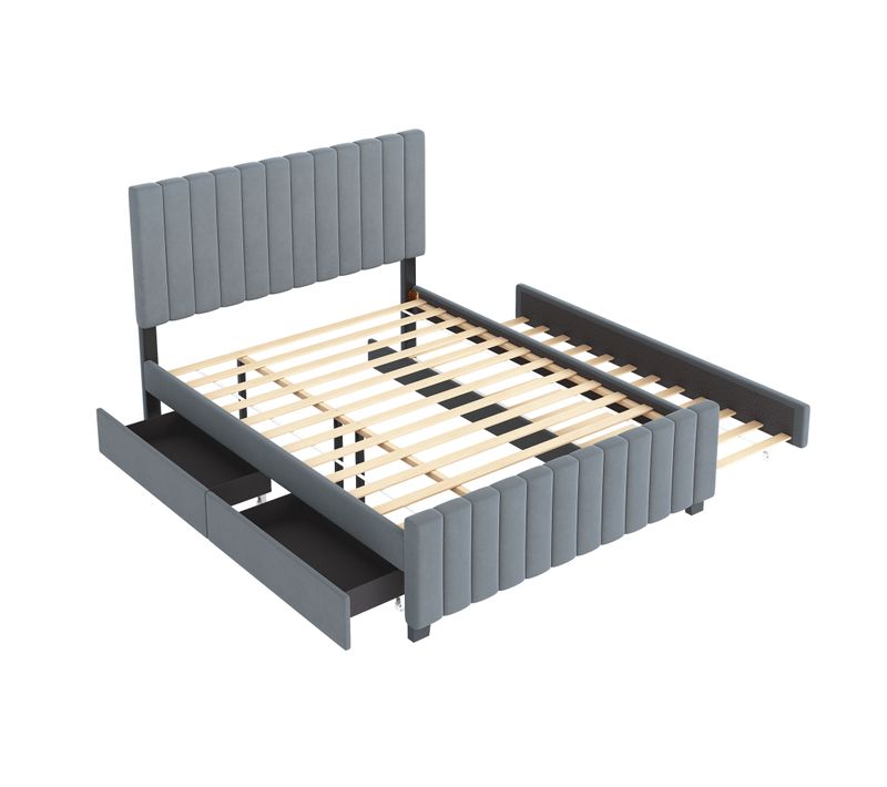 Lit Double 140x190 Cm Gris Avec Lit Gigogne Et Tiroirs Intégrés