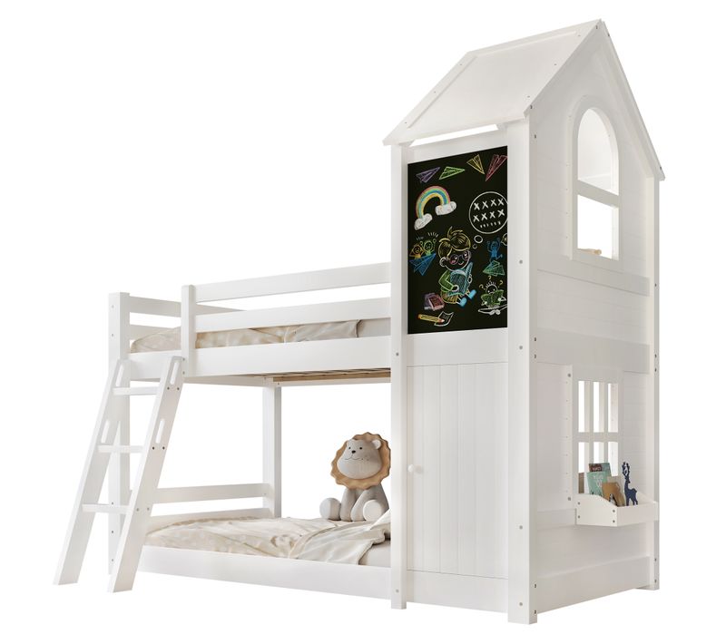 Lit Superposé Enfant Blanc Avec Petite Porte, Tableau, Fenêtres Et Toit 90×200 Cm