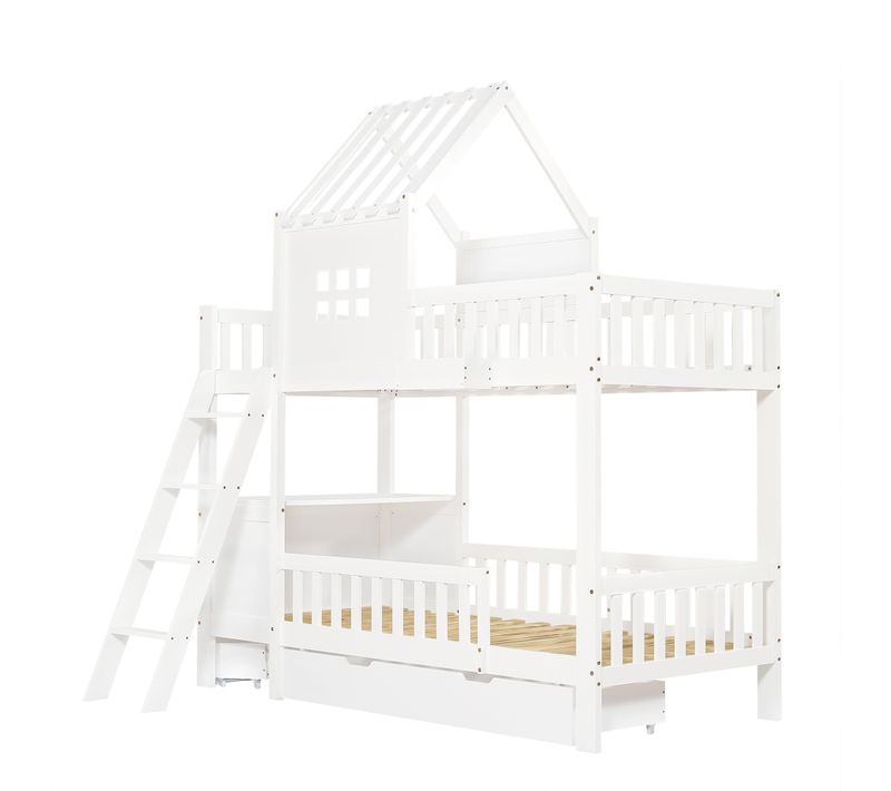 Lit Superposé Enfant 90x200 Cm Avec Toit, Fenêtres, 2 Tiroirs, Table De Lecture Et Panier – Blanc