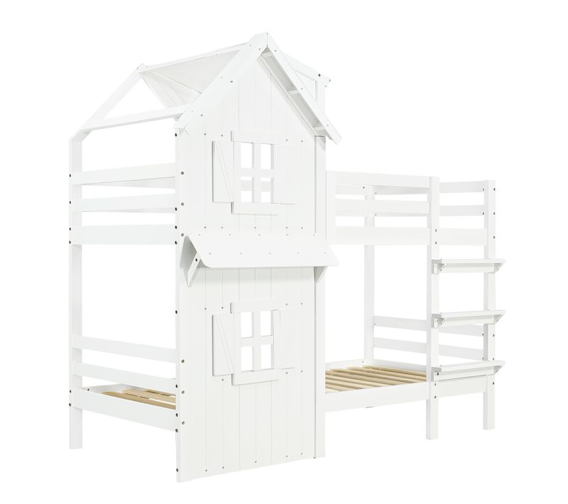 Lit Superposé Enfant 90x200 Cm Avec Toit, Fenêtres, Garde-corps Et Échelle Droite – Blanc