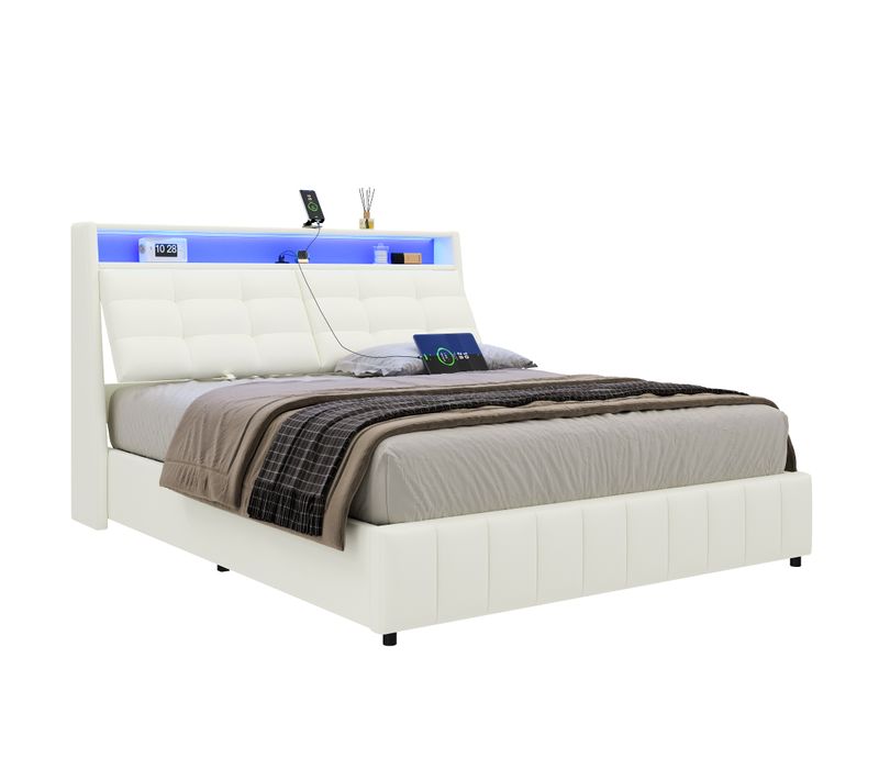 Lit Plateforme 160x200 Blanc Avec LED, USB Et Rangement Intégré