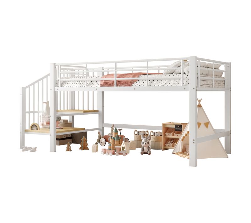 Lit Mezzanine 90x200 Mi-hauteur Métal Avec Escalier De Rangement Blanc