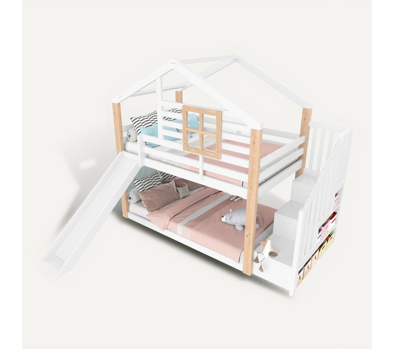 Lit Superposé Enfant 90x200 Avec Toboggan, Escalier Et Rangement