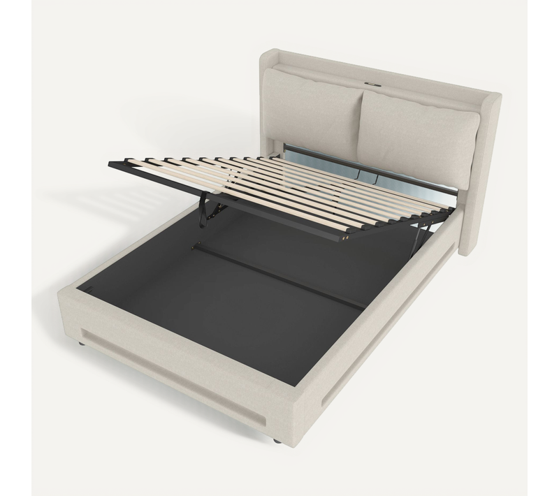 Lit 140x200 Cm En Velours Beige Avec LED, USB-c Et Rangement Pratique