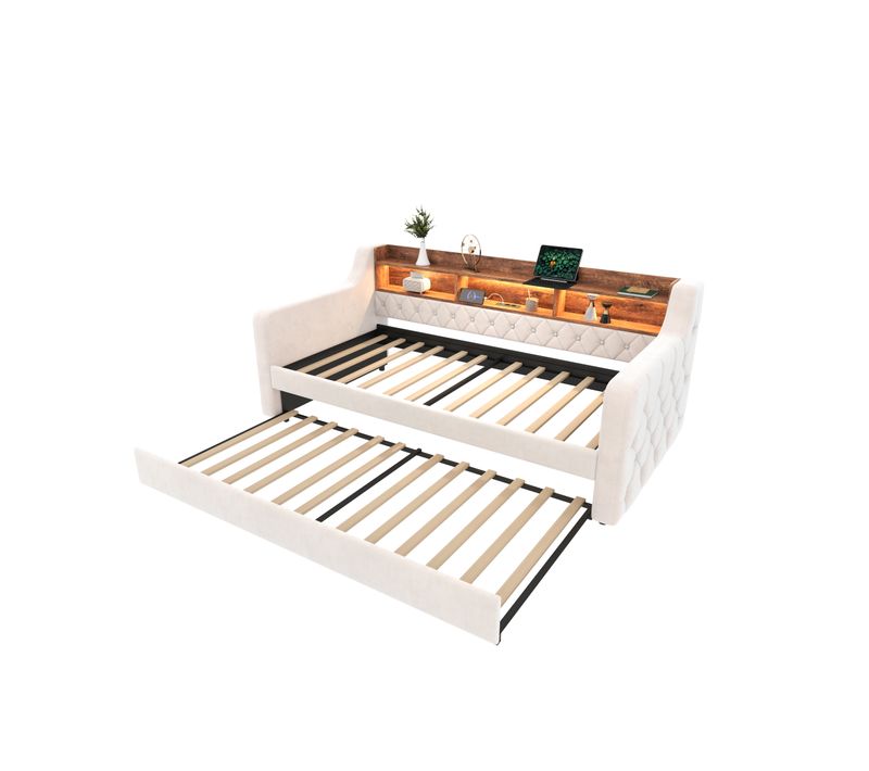 Lit Gigogne 90x190 Cm En Velours Beige Avec Rangement, LED Et USB-c