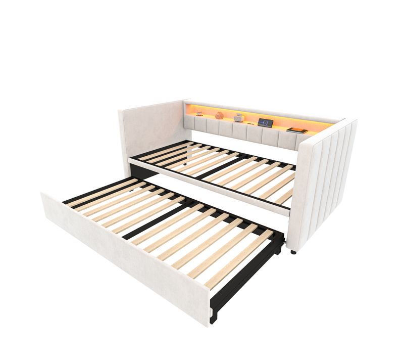Lit Gigogne 90x190 Cm Beige En Velours Avec LED, USB-c Et Rangement