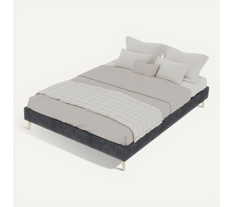 Cadre De Lit Moderne 160x200 Cm En Velours Gris, Cadre Bas Minimaliste Sans Lift