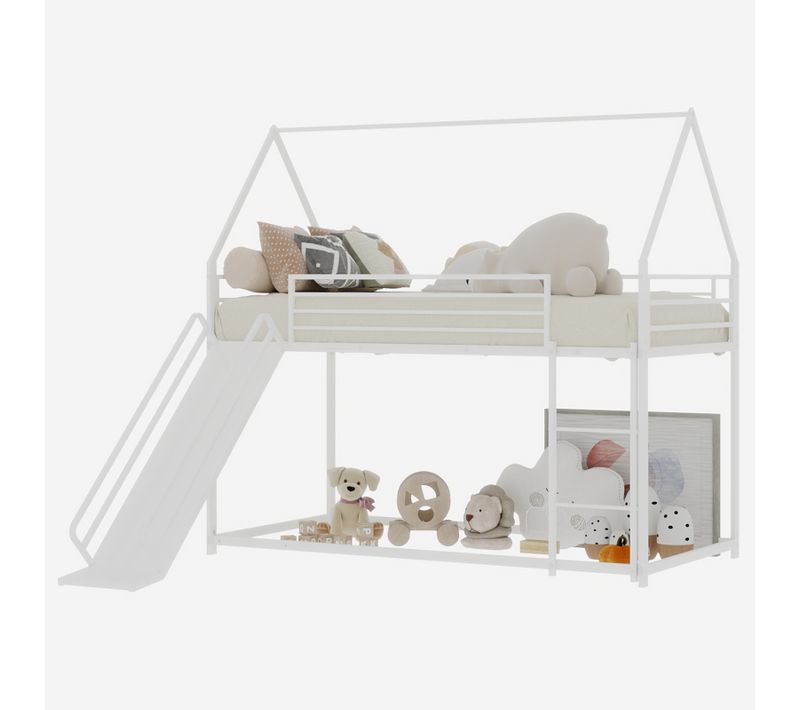 Lit Superposé 190 X 90 Cm Pour Enfants Avec Toboggan Et Maison 2 Places, Blanc