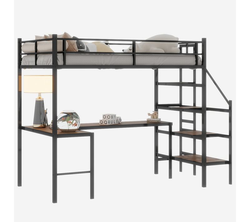 Lit Mezzanine 190x190cm Avec Bureau En L, Rangement Intégré Et Sécurité Enfant, Noir