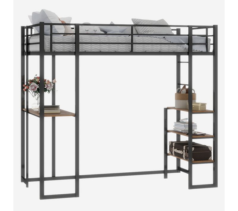 Lit Mezzanine 190x90cm Métal Avec Bureau L Et Escaliers Réversibles Pour Enfants, Noir