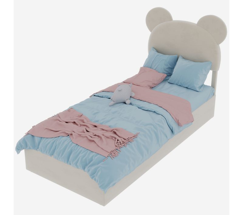 Lit Enfant 90x200 Cm Beige Avec Tête Rembourrée Cartoon Et Rangement à Vérin