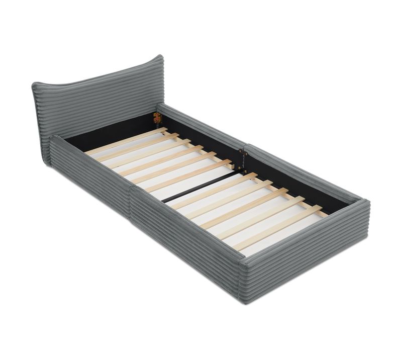 Lit Enfant 90×200 cm Chenille Douce, Structure Eucalyptus + Métal, Gris Foncé