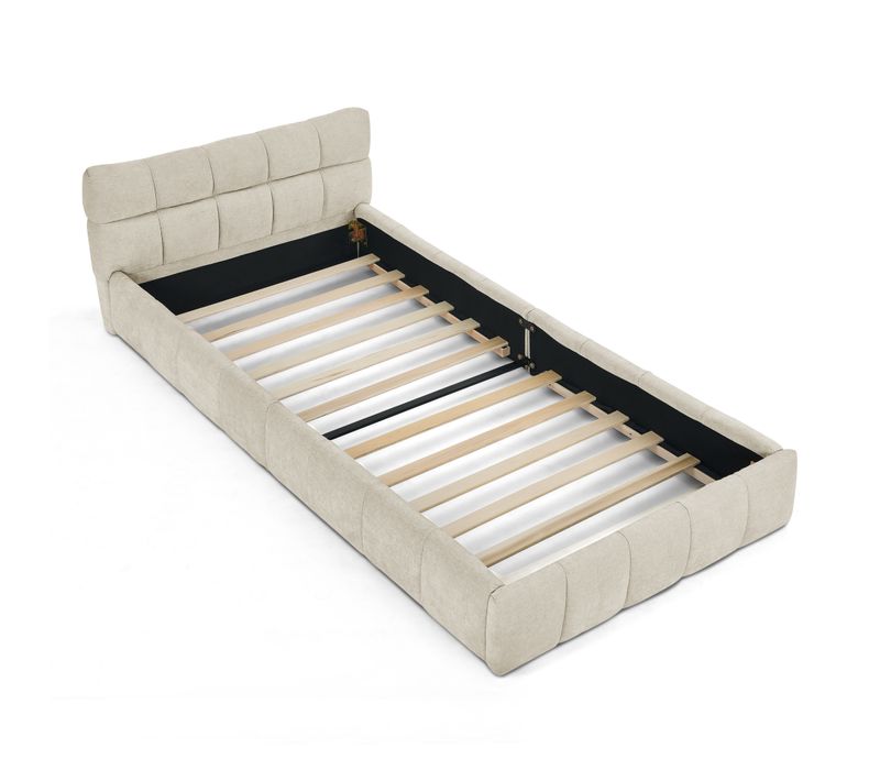 Lit Simple 90x200 Cm Pour Enfant, Cadre Bois Eucalyptus Et Tissu Chenille Beige