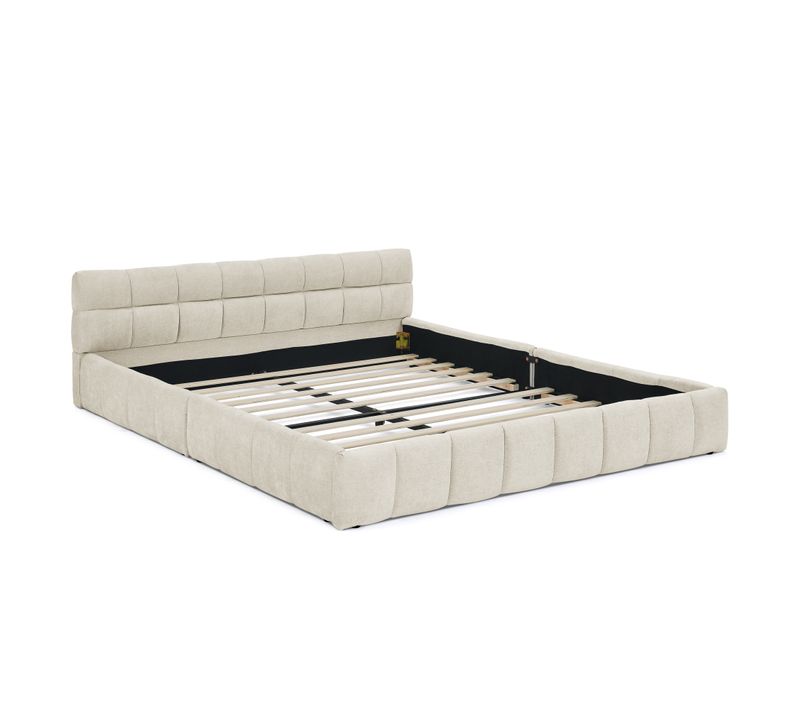 Lit Double 160x200 Cm Chenille Doux Et Cadre Bois Eucalyptus Beige