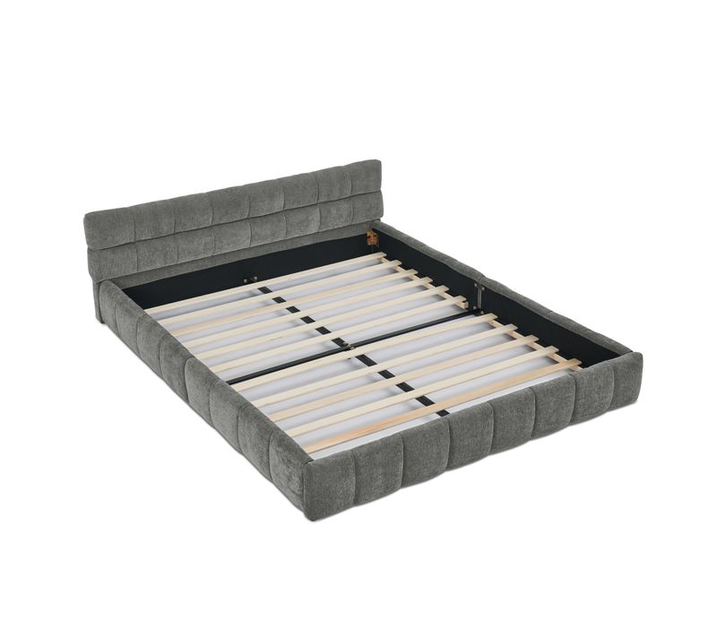 Lit Double 160x200 Cm Chenille Doux Et Cadre Bois Eucalyptus Gris Foncé