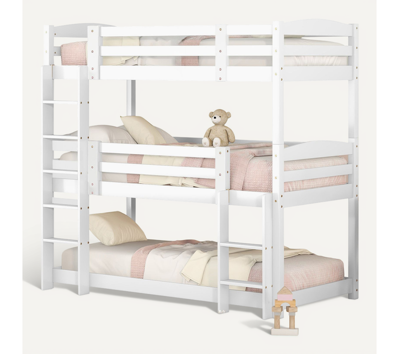 Lit Triple Superposé 90x200 En Bois Pour Enfants, Blanc, Robuste